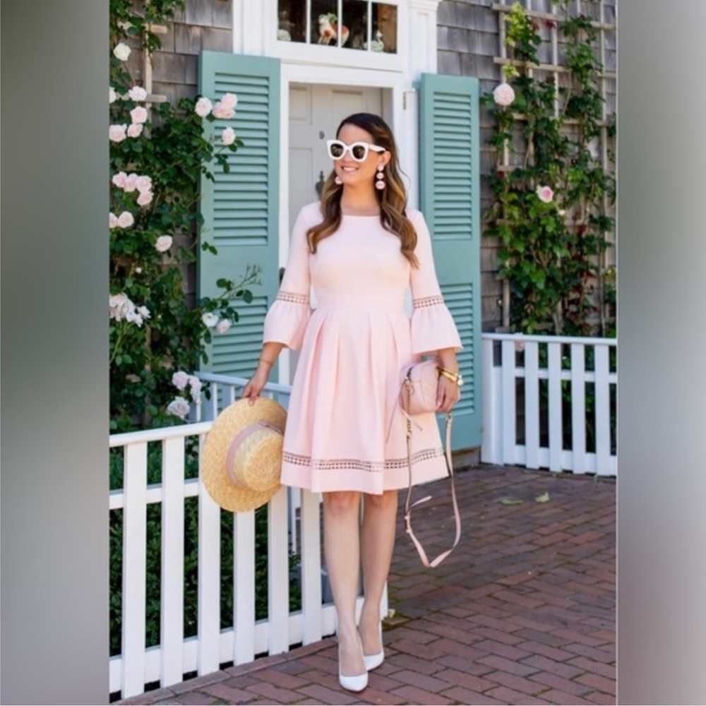 ELIZA J Bell Sleeve Lace Inset Fit & Flare Dress In Blush